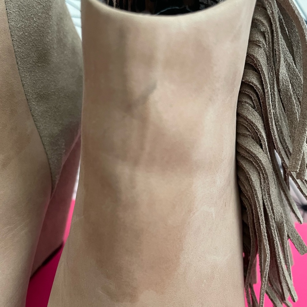 Betsey Johnson Taupe Suede Fringe Wedge Ankle Boots - Picture 8 of 9